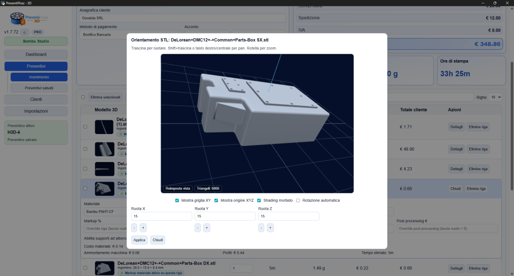 Visualizzatore 3D per orientamento modelli
